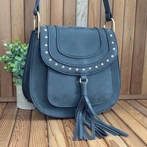 Franco Sarto Charcoal Boho Structured Crossbody with Studded Flap, Tassel